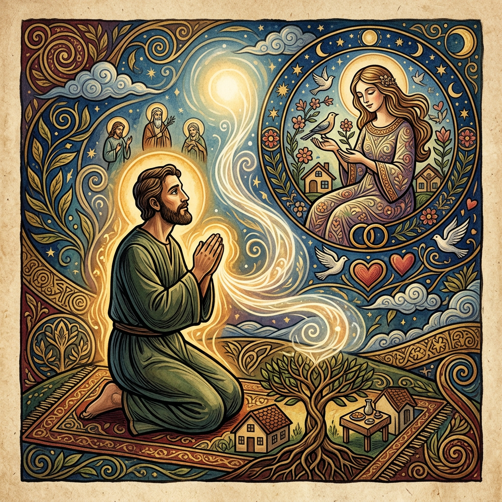 Man kneeling and praying with glowing halo, divine woman with birds and flowers in a circular frame